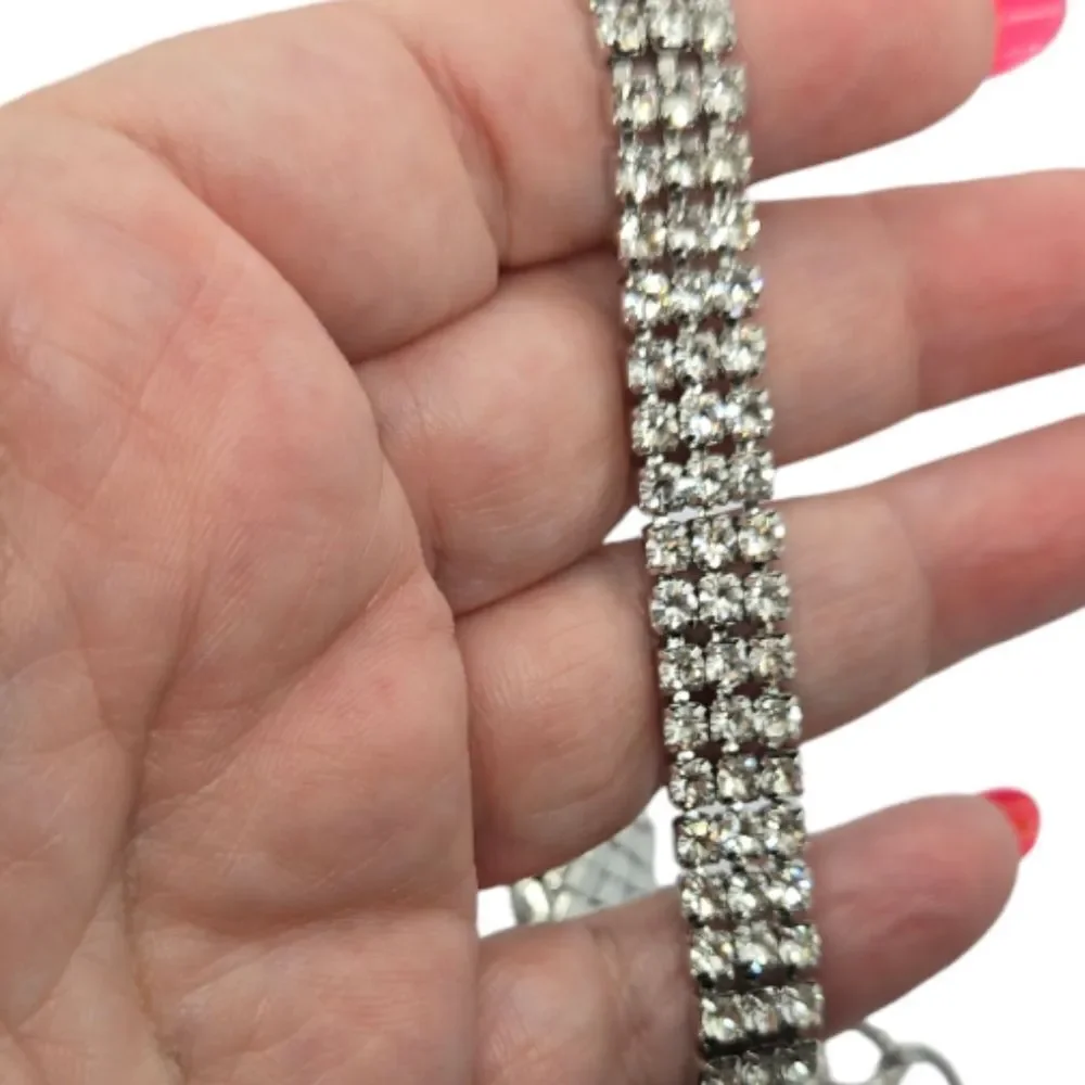Rhinestone Chain Belt Silver Crystal 3 Row Adjustable Dress Waist Jewelry 39